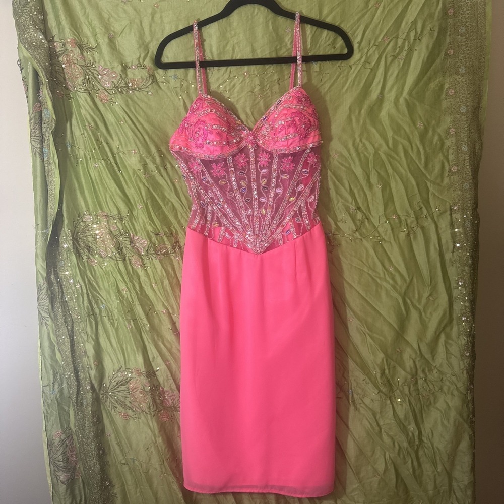 Vintage Y2K Formal Dress Pink Gown Beaded Floral‎ Sequins By XCite Women's 12
